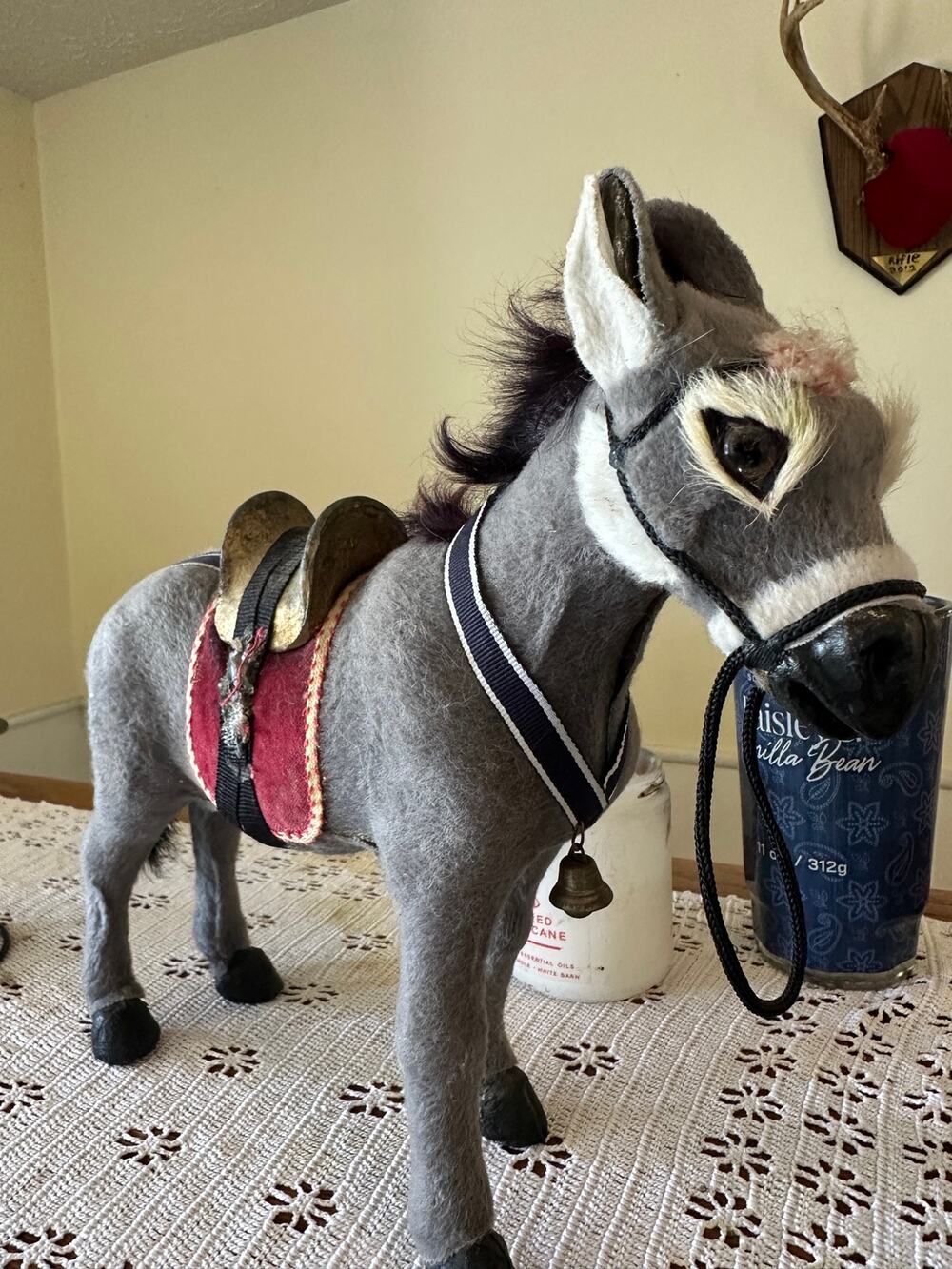Vintage Flocked Felt Donkey Figurine German Mid-Century Burro Bells